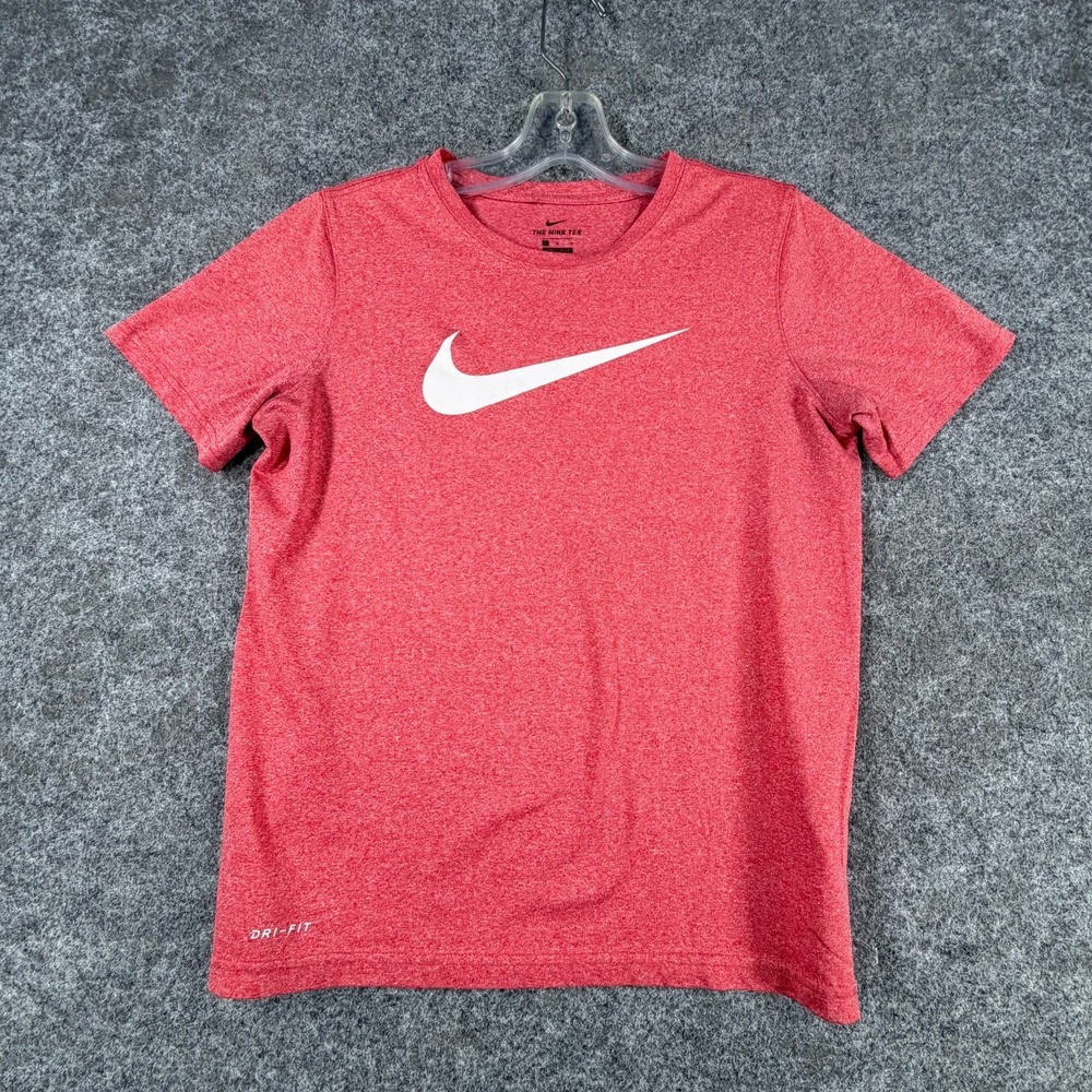 Nike Dri Fit T Shirt Boys Large Red White Swoosh Logo Short Sleeve Crew Neck